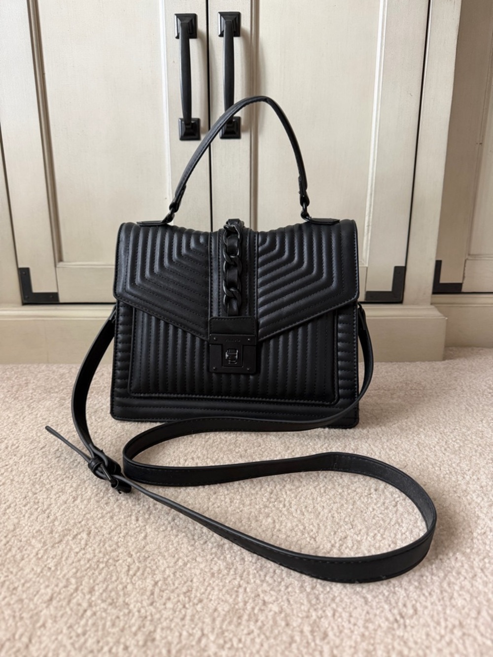 Aldo Black Quilted Chevron Satchel with Chain Accent